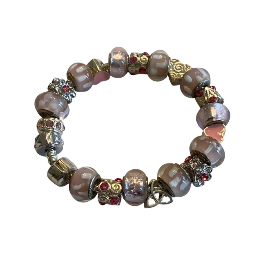 Pink beaded bracelet silver tone chain variety glass beads hearts & rhinestones